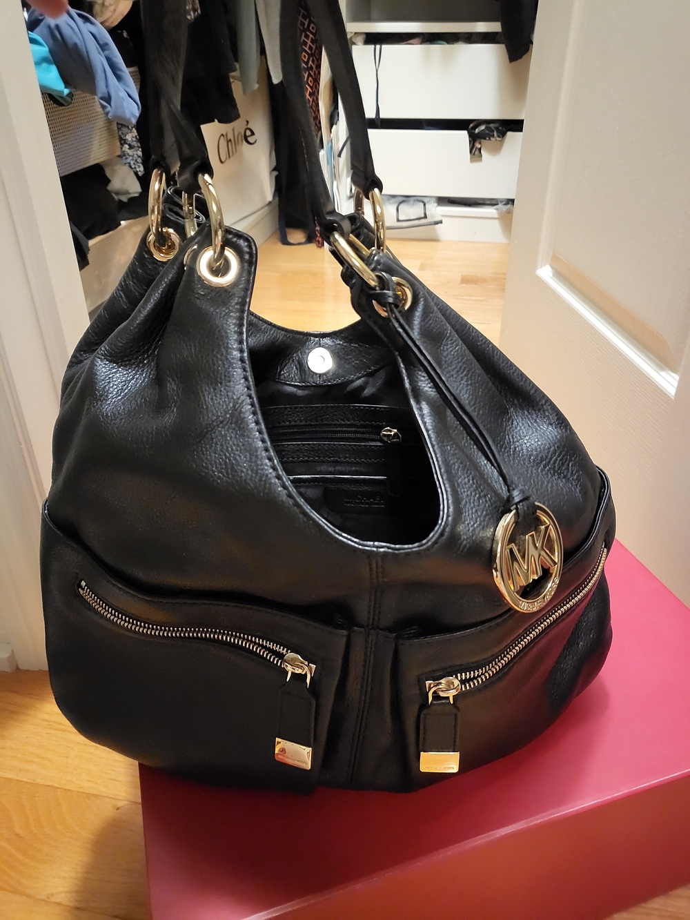 Michael Kors Black Leather Shoulder Hobo with Gold Hardware